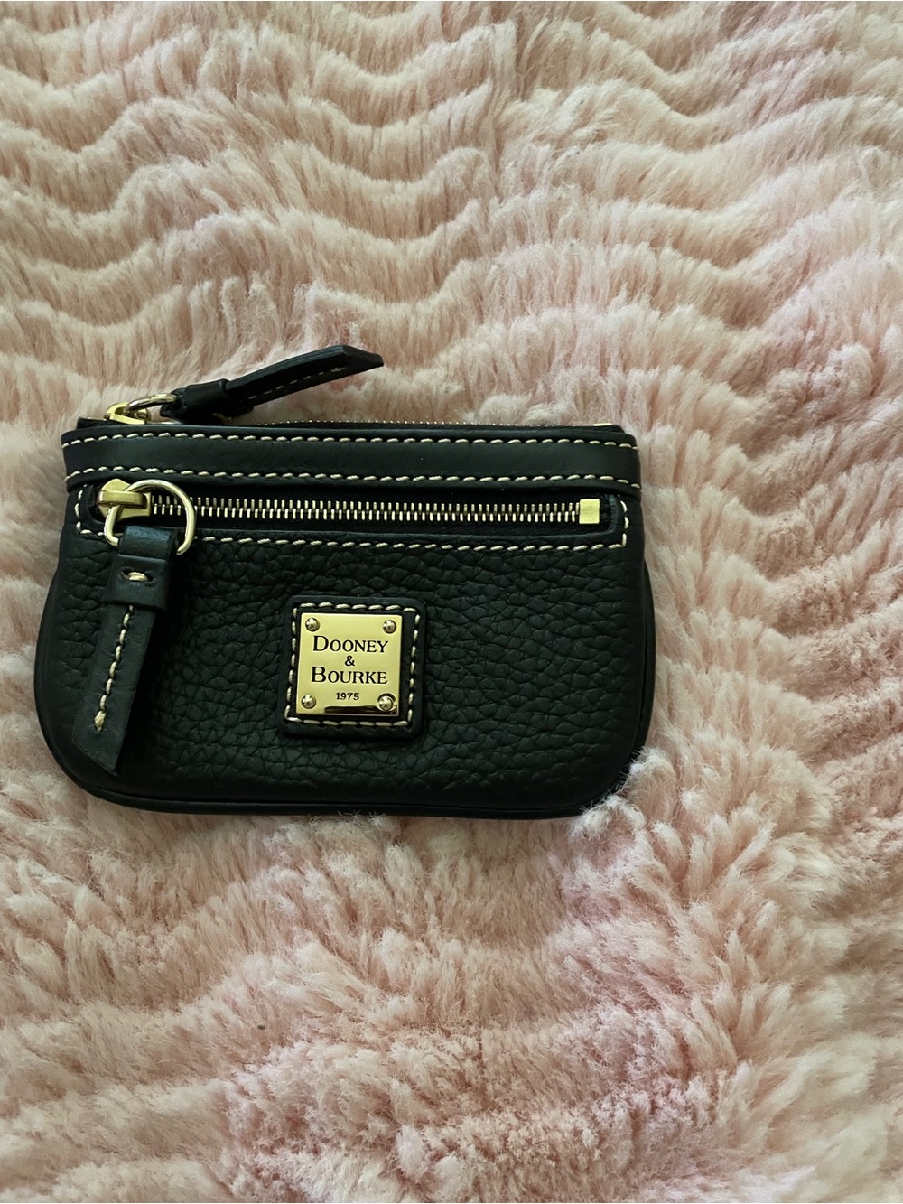 Dooney & Bourke Black Pebbled Leather Coin Pouch with Gold Plaque